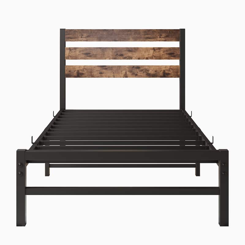 Modern Style Metal Platform Bed with Rustic Vintage Wooden Headboard for Bedroom