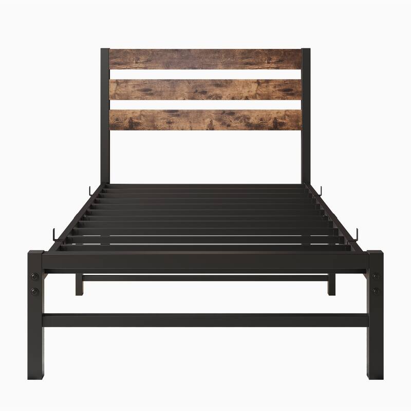 Rustic Brown Twin Size Metal Platform Bed with Rustic Wooden Headboard