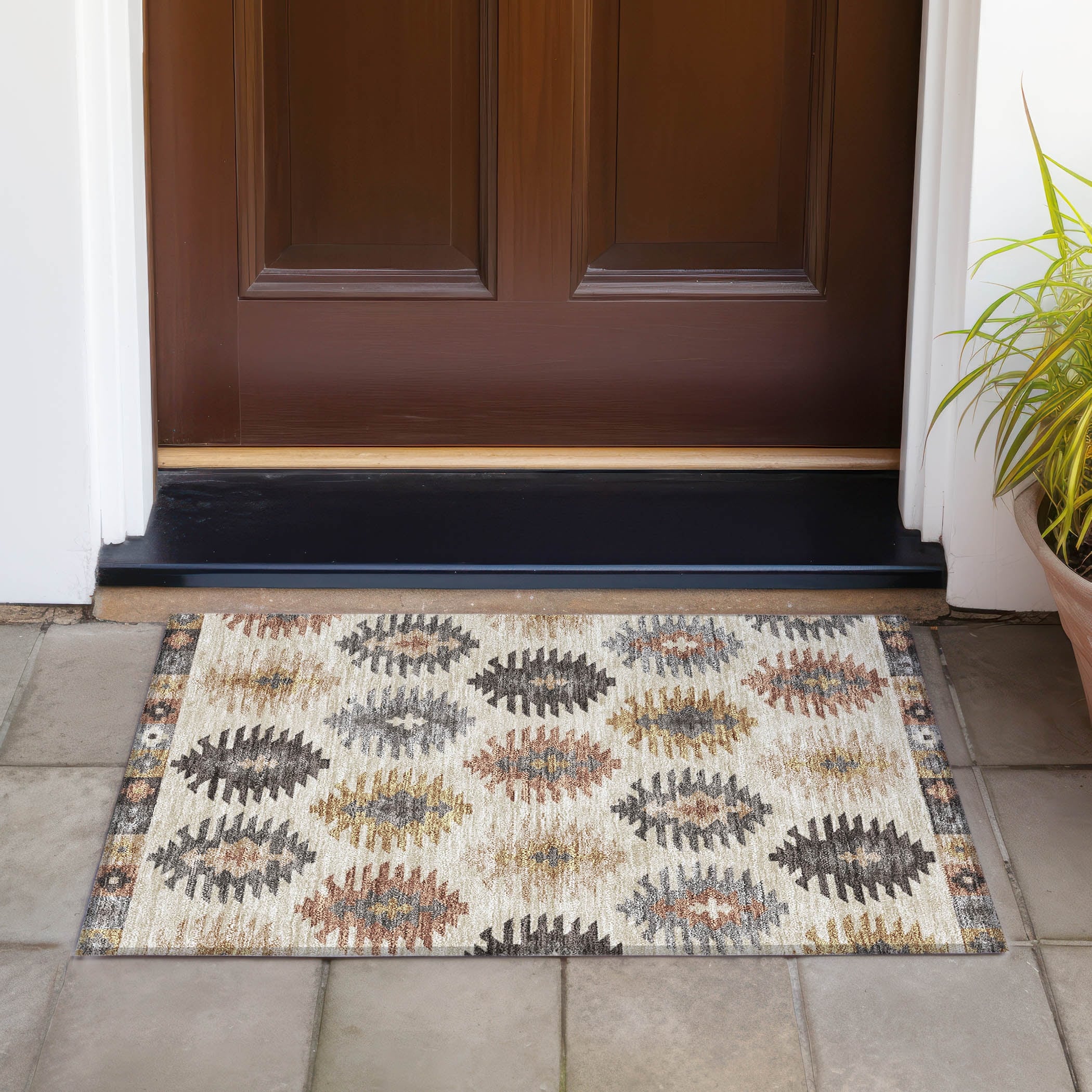 Machine Washable Indoor/ Outdoor Boho Tribal Chantille Rug