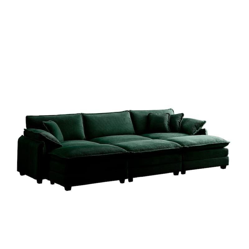 Green 6-Piece Corduroy Modular Sleeper Sectional Sofa with 3 Ottomans & 5 Pillows