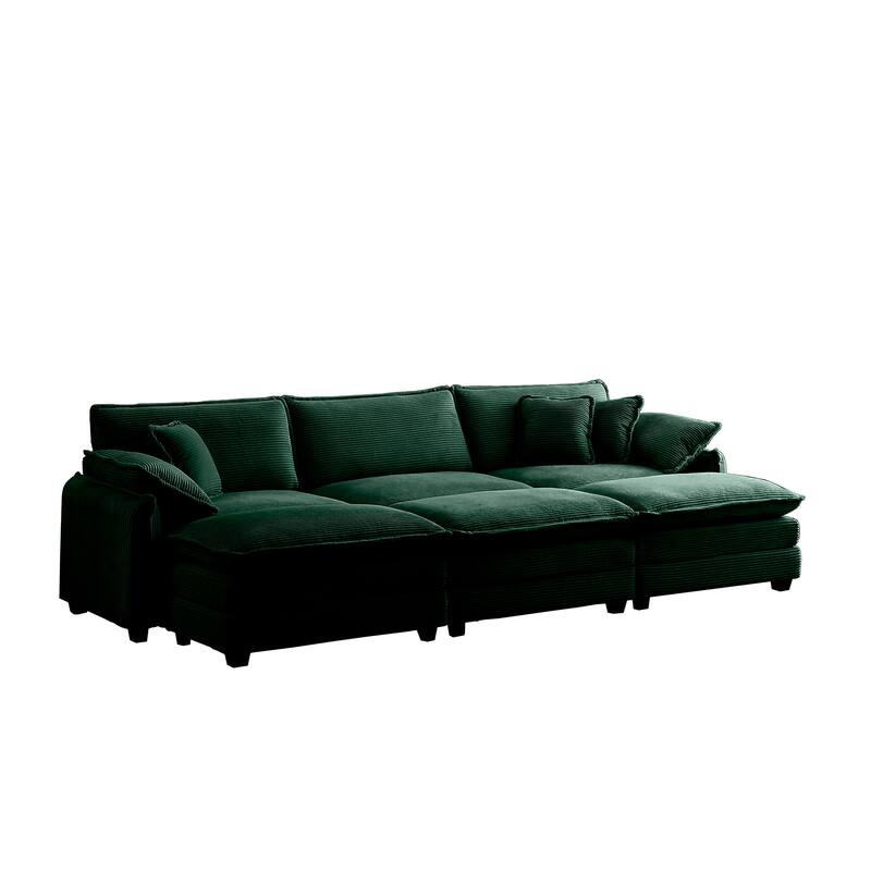 Green 6-piece Corduroy Upholstered Modular Sleeper Sectional Sofa with 3 Removable Ottoman and 5 Pillows, Free Combination