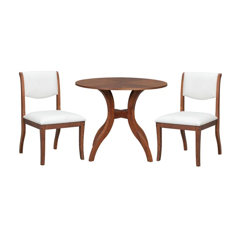 39.4"Round Walnut Dining Table Set With 2 Matching Chairs - Traditional Solid Wood Kitchen Ensemble