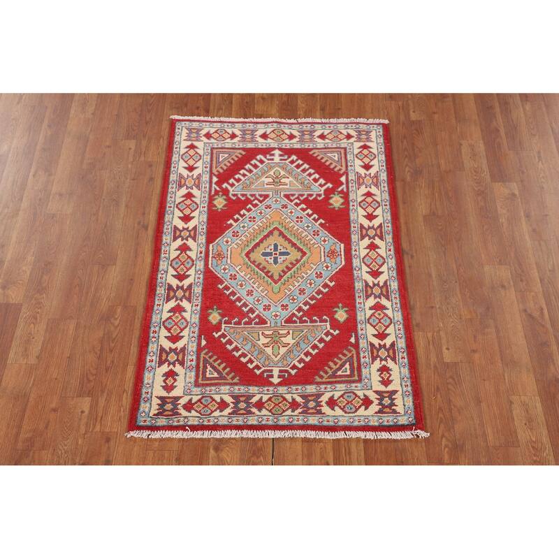 Red Geometric Kazak Oriental Accent Rug Handmade Wool Carpet - 2'8" x 3'11"