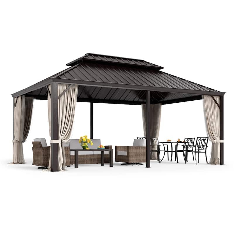 MAISON ARTS 14x20' Hardtop Aluminum Galvanized Steel Double Roof Gazebo with Netting & Curtains