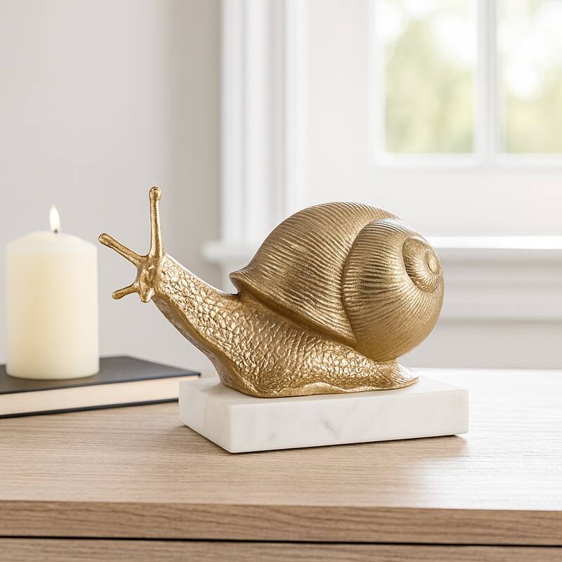 Metal Snail Sculpture on Marble Base Figurine Accent - 7" Gold - 9.5" x 4" x 6.5"