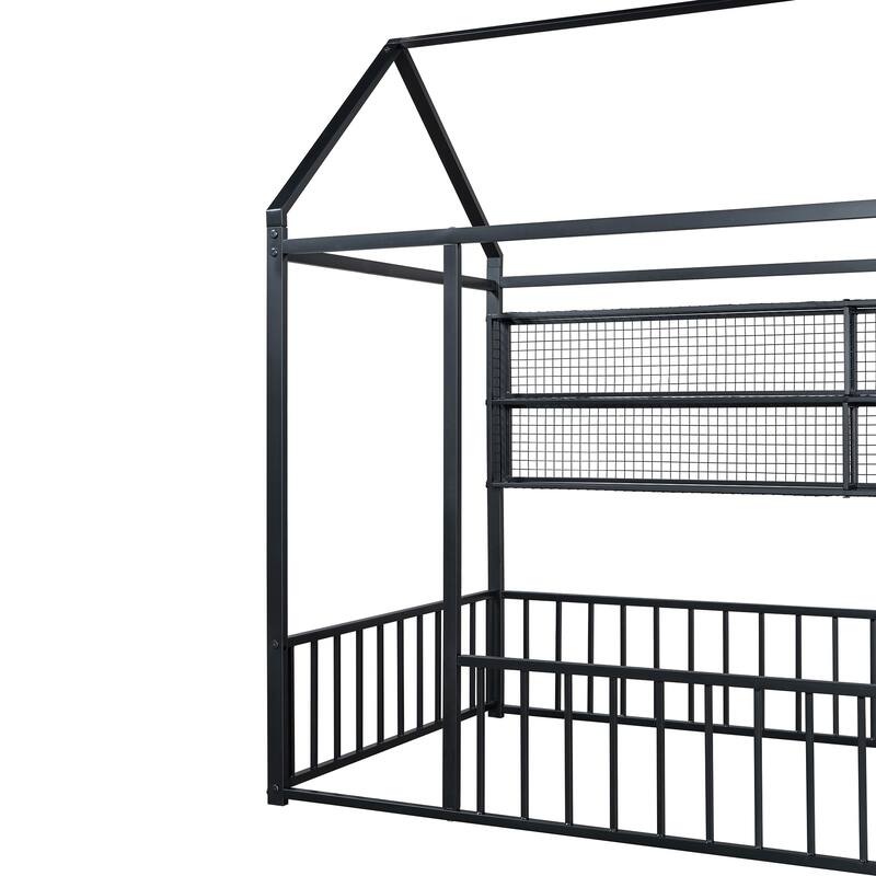 Full Size Metal House Bed Frame with Built-In Grid Shelves, Playful Canopy Design and Space-Saving Storage