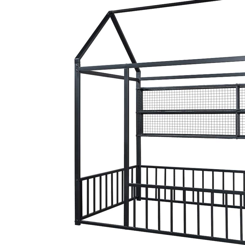 Twin Metal House Bed with Fence and 4 Shelves, Cozy Bedroom Design