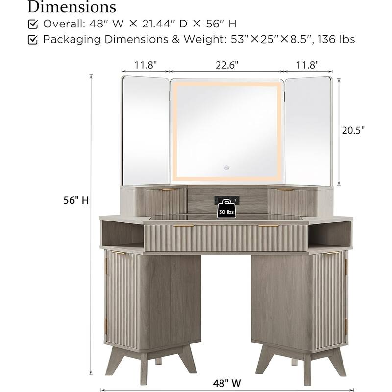 Modern Fluted Makeup Vanity Desk with 3 Way Mirror&Light, Vanity Table