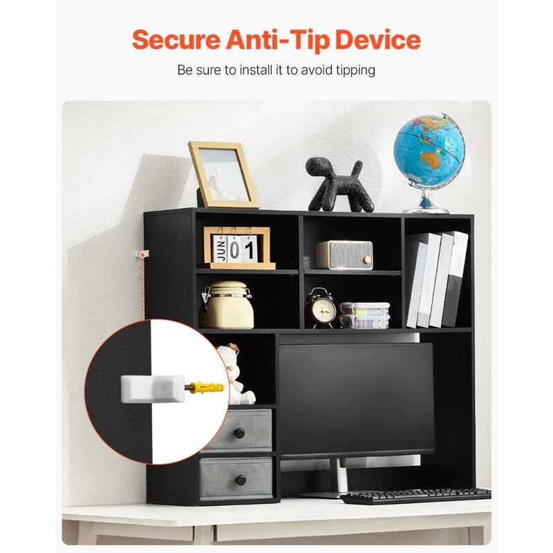 Particle Board Desktop Bookshelf Hutch, 3-Shelf Organizer and Office Storage Rack - 37.0" L x 10.0" W x 31.1" H