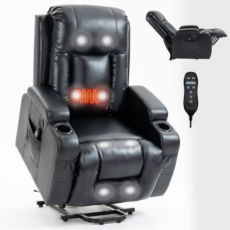 Black Power Lift Recliner with 8-Point Massage, Heated Lumbar, USB Ports, Cup Holders, and Durable Mechanism - Black