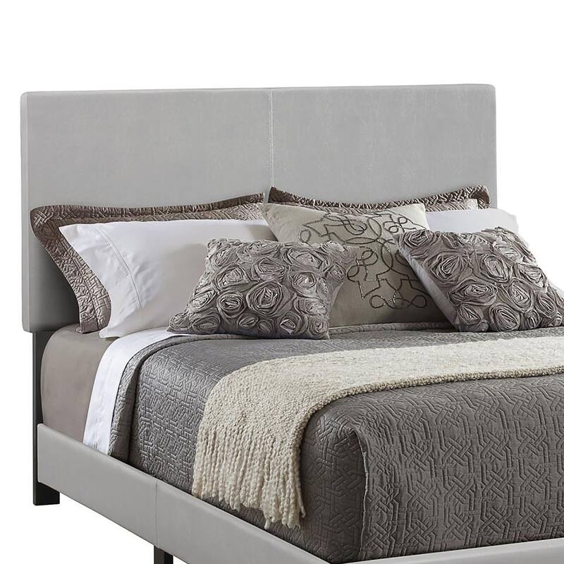Modern Grey Upholstered Panel Bed with Faux Leather and Black Legs