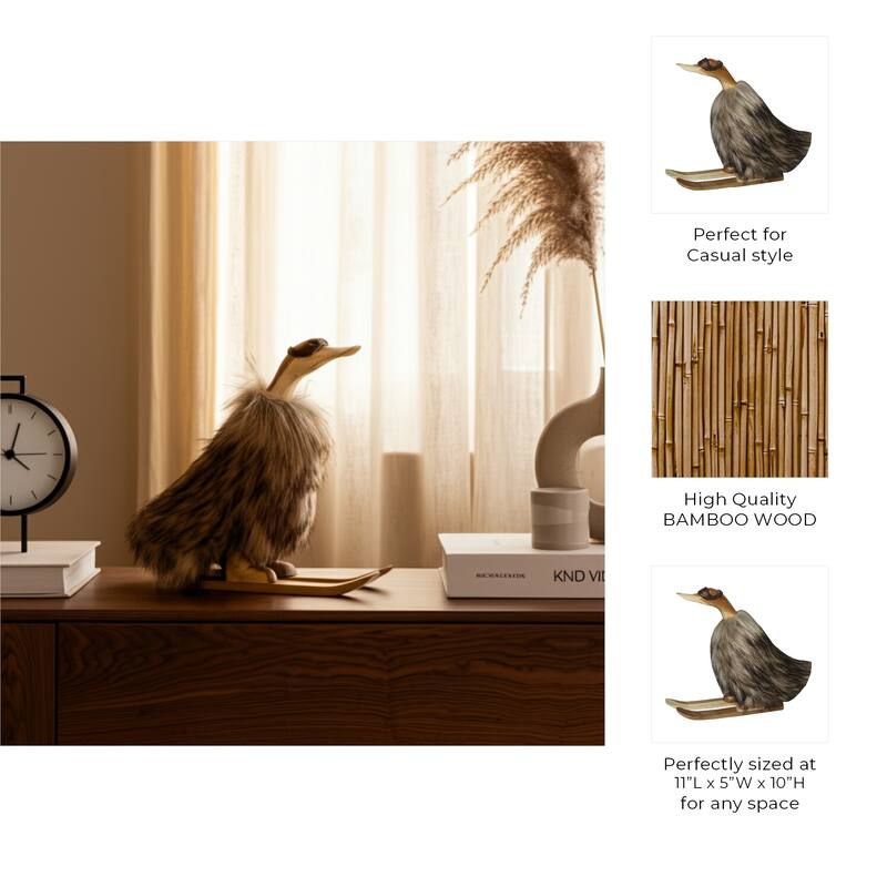 Decorative Wooden Skiing Duck Figurine Sculpture - 11", Ivory & Tan - 10.75"