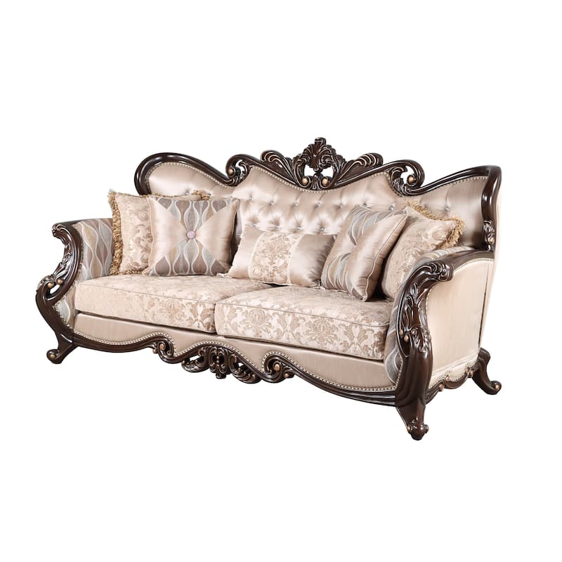 Cona 95 Inch Sofa, Classic Gold Carved Details, Brown, Button Tufted Beige