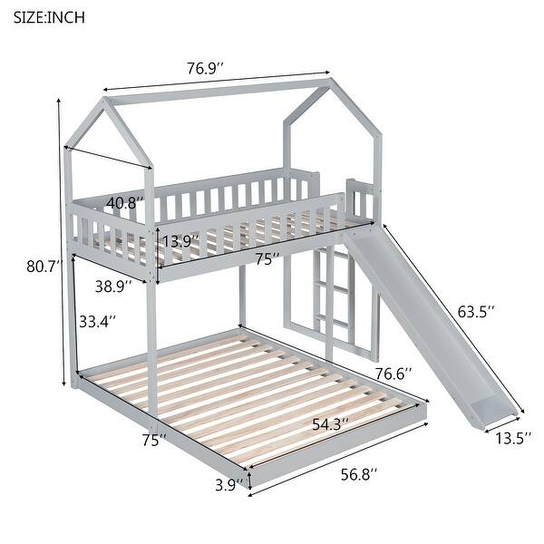Twin over Full House Bunk Bed with Full-Length Guardrail and Slide and Built-in Ladder.