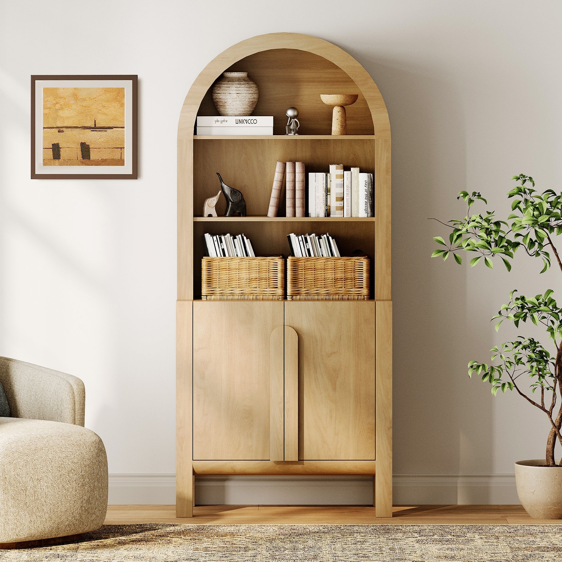 71" Tall Arched Bookshelf, Modern 5 Tier Bookcase with Cabinet, Wooden Display Cabinet with Doors and Adjustable Shelves