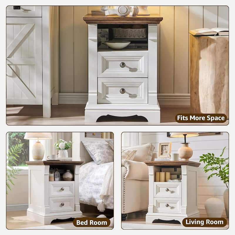 Farmhouse Nightstand with Charging Station, End Table with 2 Drawers