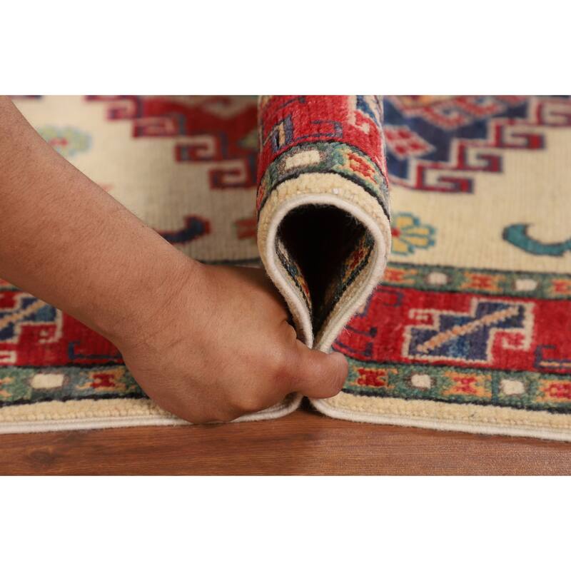 Ivory Geometric Kazak Foyer Rug Hand-Knotted Wool Carpet - 2'9" x 4'2"