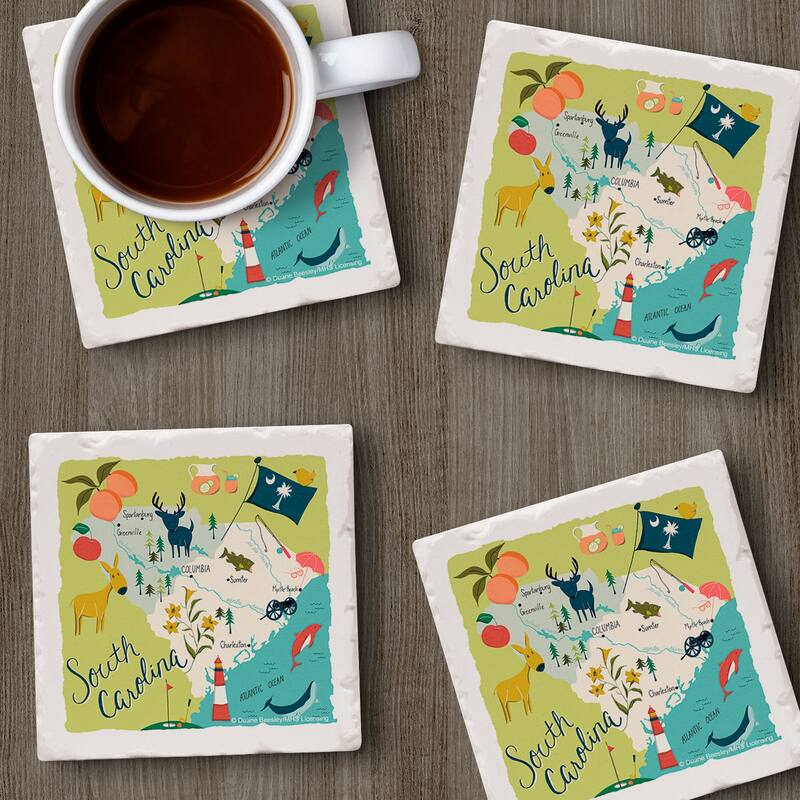 South Carolina 4-Pack Absorbent Stone Coasters with Protective Cork Backing 4" Square Made in The USA Easily Wipes Clean