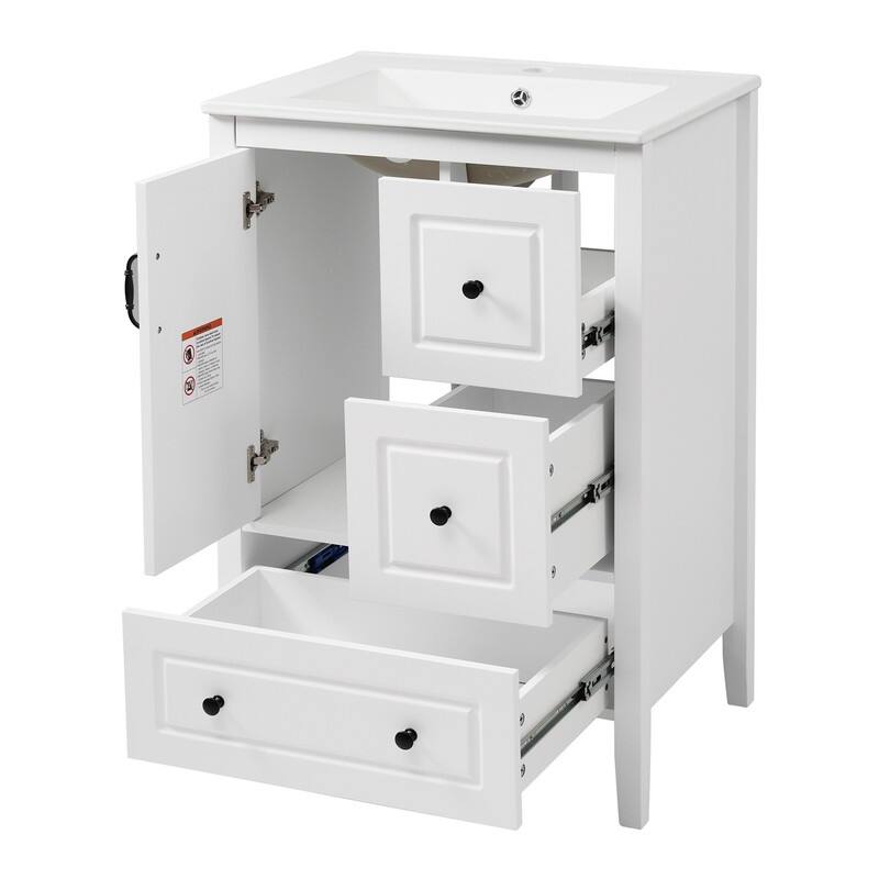 24 inch Bathroom Vanity with Sink, 3 Soft-closing Drawers, Retro Metal Handles
