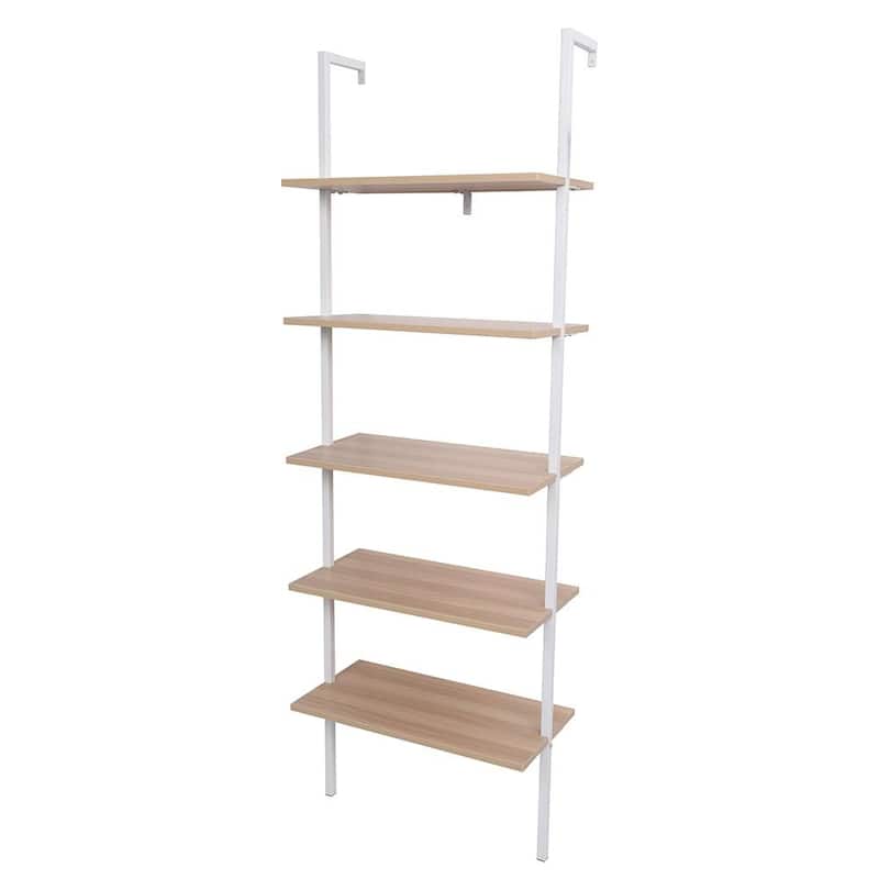 5-Shelf Wood Ladder Bookcase with Metal Frame Wall Mount Book Shelf - White/Walnut
