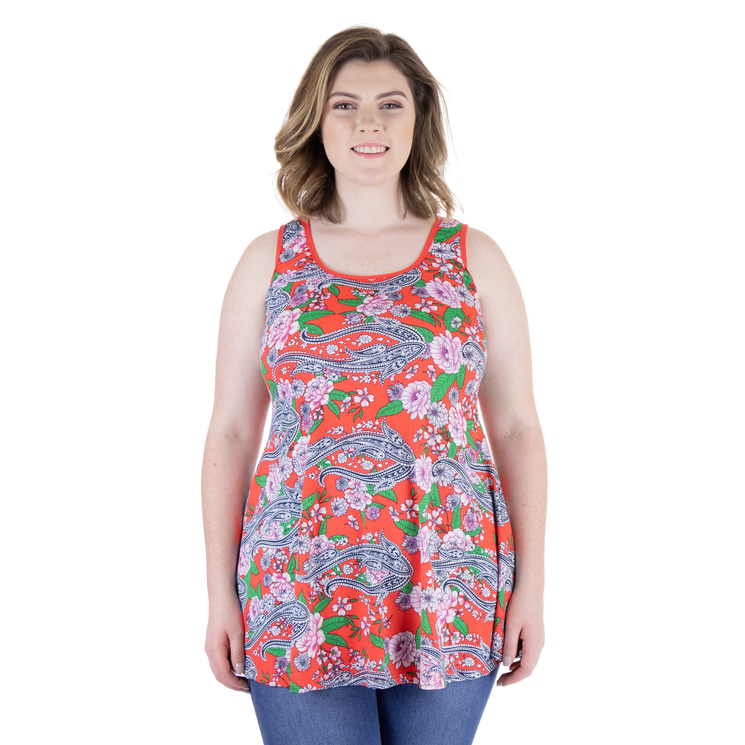 Comfort Flared Loose Fit Orange Floral Plus Size Tank Top Made in USA - Overstock - 33560559