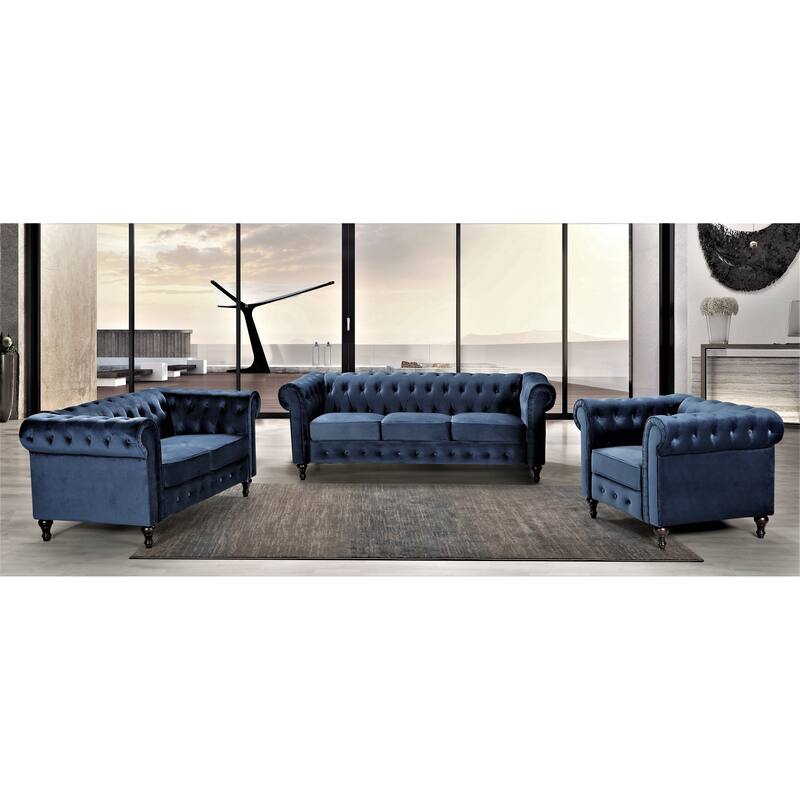 Brooks Classic Chesterfield 3-Piece Living Room Set-Chair Loveseat & Sofa - Dark Blue