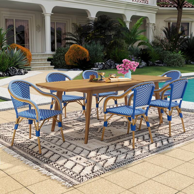Christopher Knight Home - Estra 7-Piece Outdoor Dining Set with Six Woven Metal Frame Chairs and Expandable Acacia Wood Table - Natural+White+Blue+Teak finish
