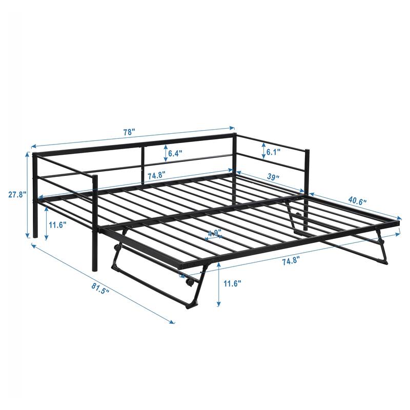 Industrial Metal Daybed with Pop-Up Trundle, Twin Bed Frame with Adjustable Trundle
