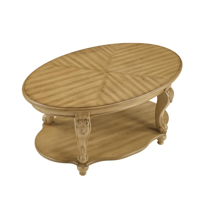 42 Inch Oval Wood Coffee Table with 2-Tier Open Shelf