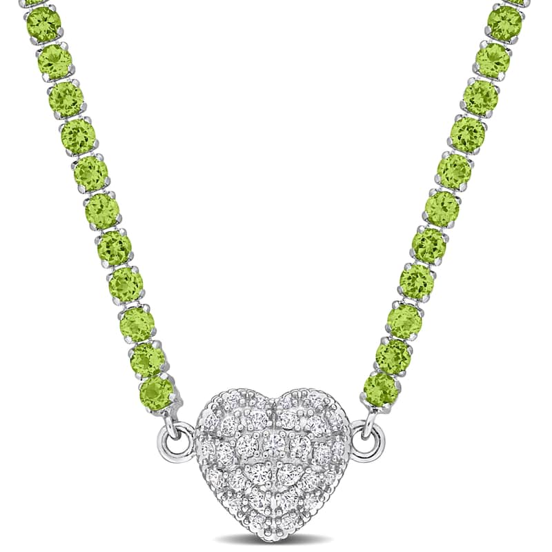 Miadora 12 7/8ct TGW Peridot Created White Sapphire Heart Necklace in Sterling Silver-17 in
