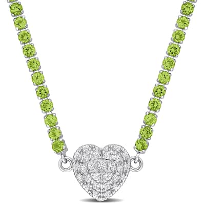 Miadora 12 7/8ct TGW Peridot Created White Sapphire Heart Necklace in Sterling Silver-17 in