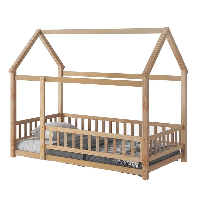 Twin/Full House Floor Bed for Kids, Wooden Montessori Bed Frame with Roof and Safety Guardrail for Boys or Girls, Twin/Full Size