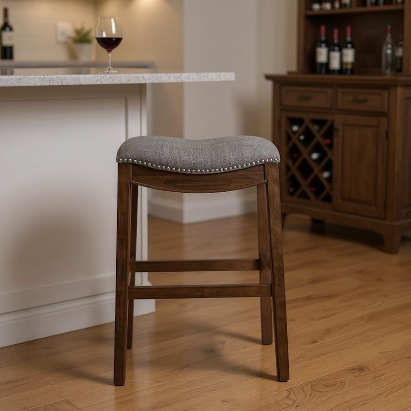 HomeRoots 31" Gray and Brown Fabric and Solid Wood Backless Bar Height Bar Chair - Bar Height - Gray - Single
