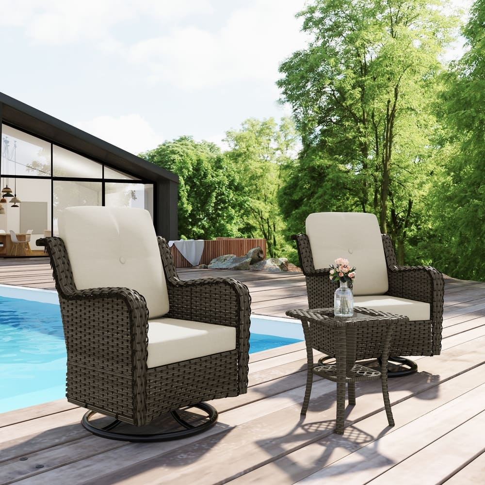 3-Piece Patio Rattan Swivel Cushioned Rocking Chair Set With Side Table