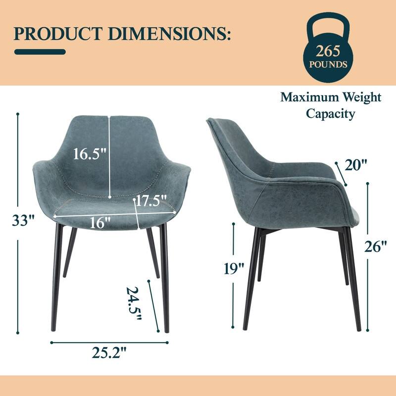 Markley Mid-Century Modern Upholstered Distressed Leather Dining Chair with Comfy Curved Seat & Strong Powder-Coated Metal Legs