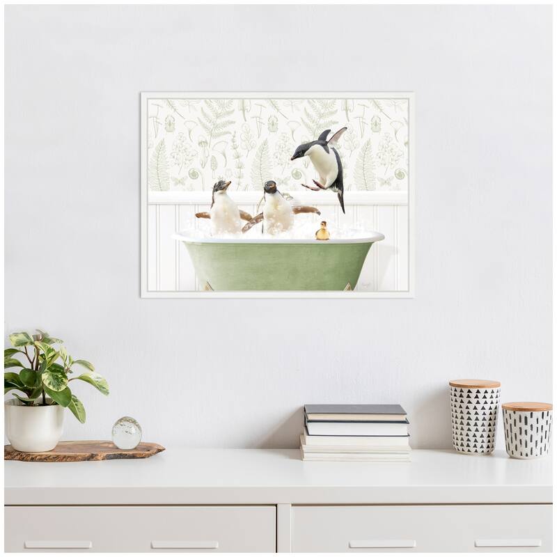 Kate and Laurel Sylvie Penguins in Fern Bath Framed Canvas by Amy Peterson