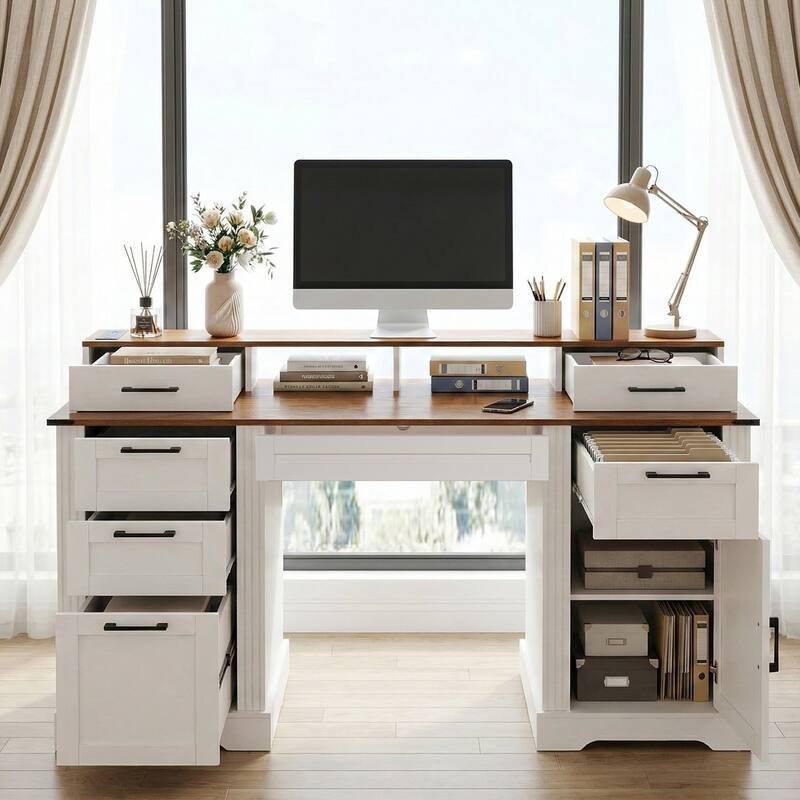 59" Farmhouse Office Desk With Charging Station & Storage Cabinet, Barn Door Design Home Office Study Desk with File Drawer