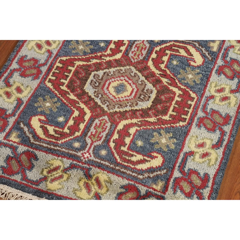 Hand Knotted Oriental 100% Wool Carpet Traditional Geometric Navy Blue & Blues Heriz (serapi) Runner Rug - 9' 10'' X 2' 6''