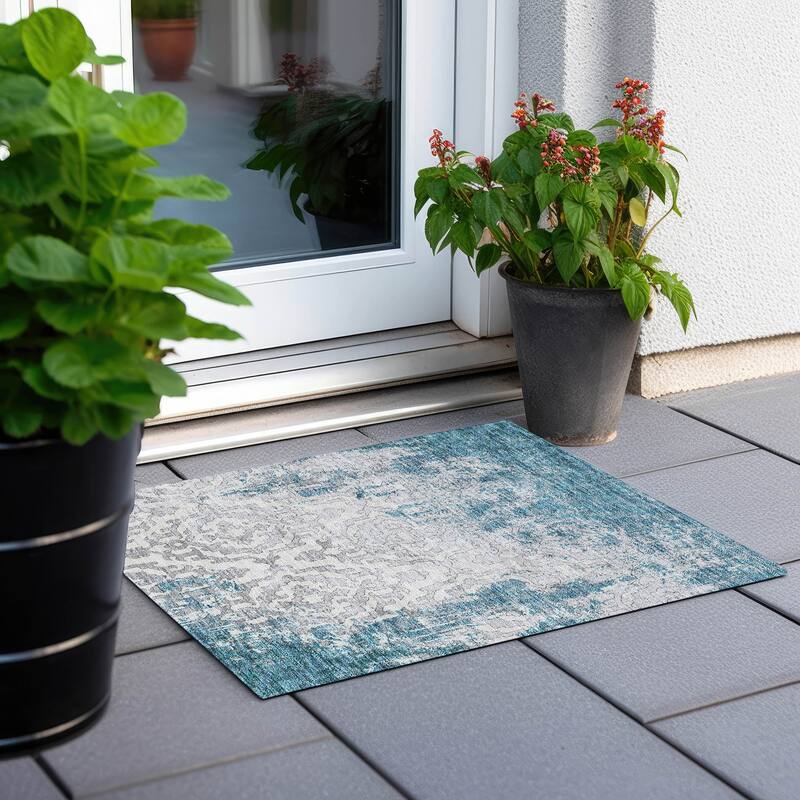 Machine Washable Indoor/ Outdoor Chantille Transitional Rug - Teal - 1'8" x 2'6"