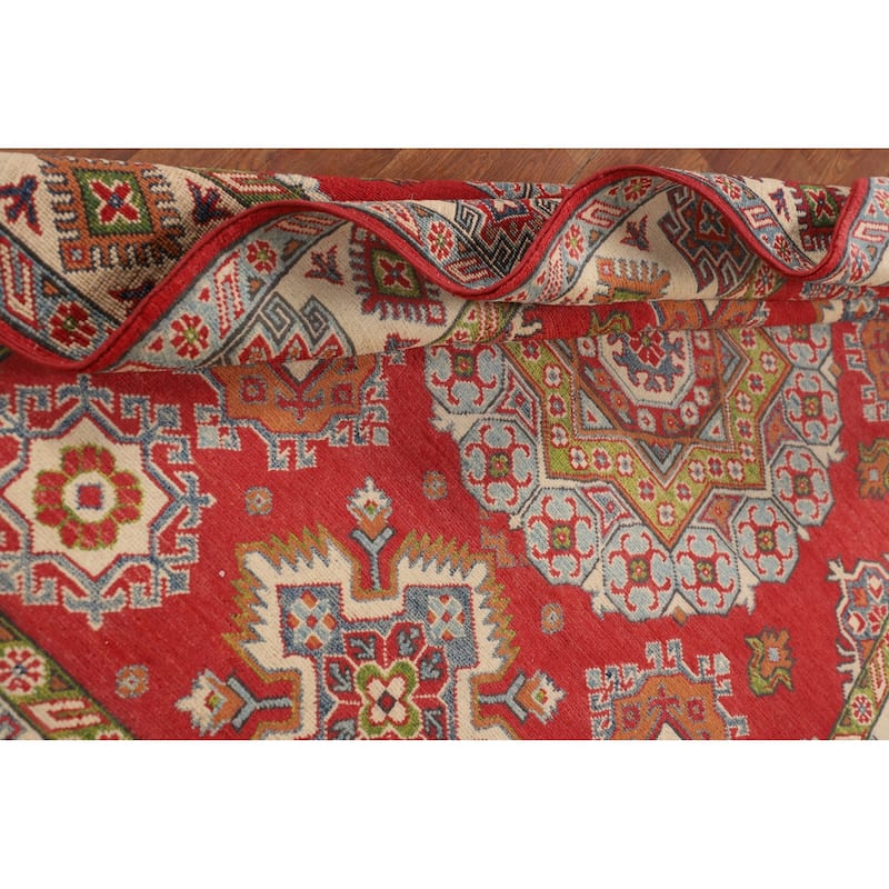 Geometric Kazak Area Rug Handmade Oriental Red Living Room Wool Carpet - 4'11" x 6'8"