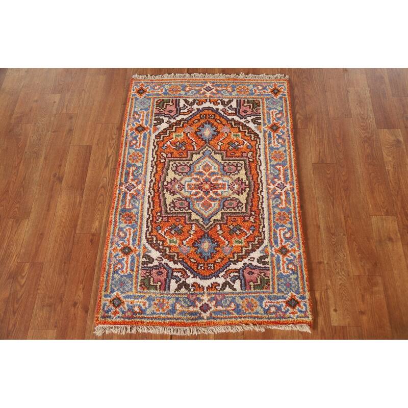 Geometric Orange Heriz Serapi Indian Rug Hand-Knotted Wool Carpet - 2'0"x 3'0"
