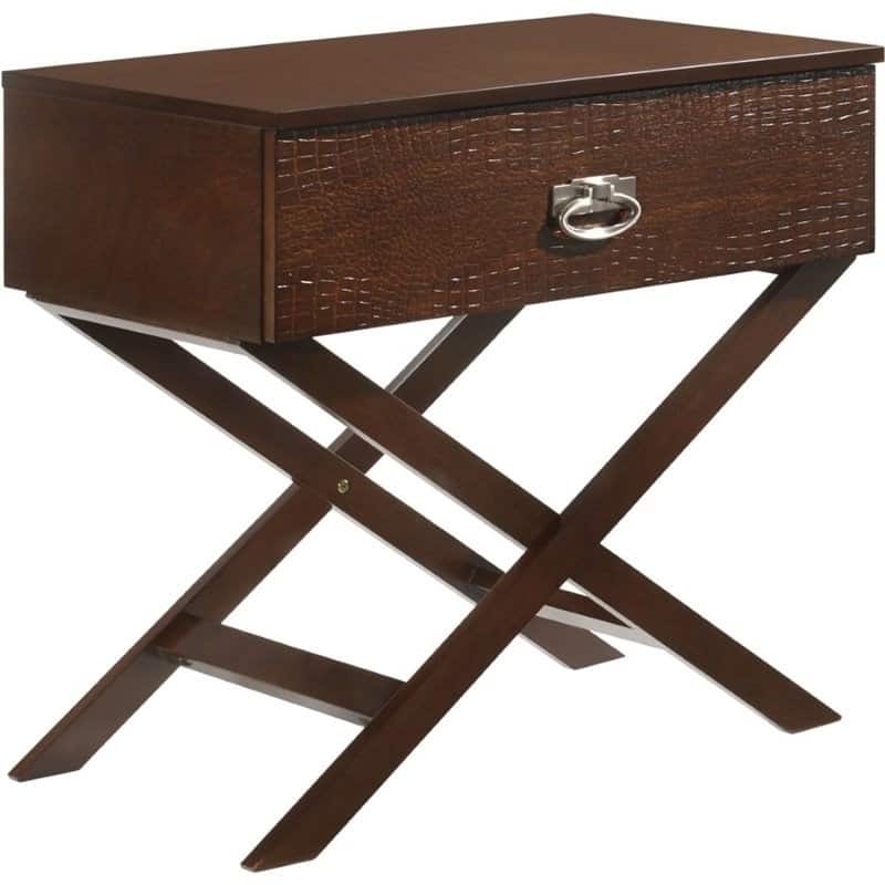 Cappuccino Brown Wooden End Table Nightstand with X Legs and 1 Drawer - 25”H x 27”W x 16”D