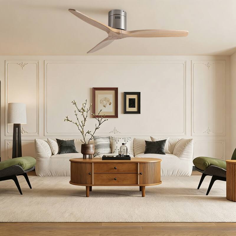 52"Mordern Rustic Elegance Solid Wood Blades Low Profile Flush Mount Ceiling Fan without Light
