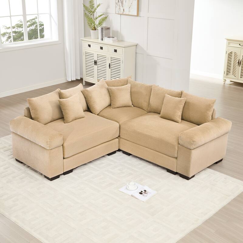 GDFStudio - Corduroy L-Shaped 3-Seater 79.1" Cloud Modular Sectional Couch - Camel