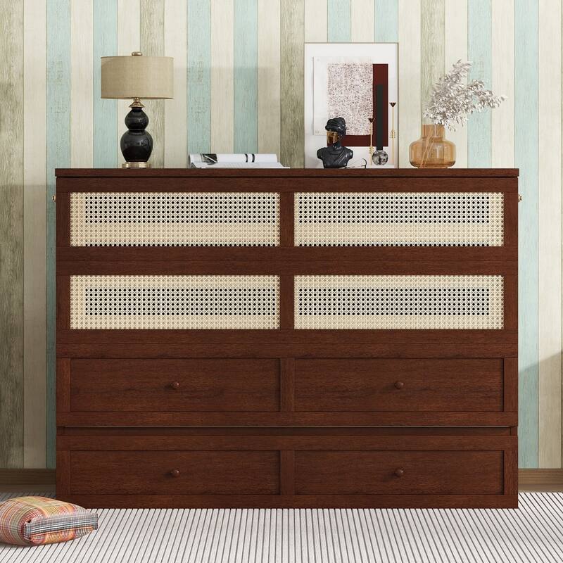 Queen Size Wood Murphy Bed with Rattan Decoration Panel and Drawer