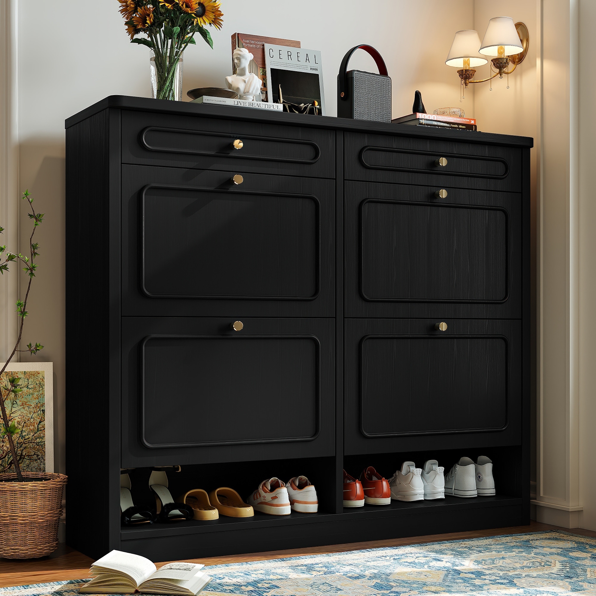 Roomfitters Modern Farmhouse Wood Shoe Cabinet, 4 Flip-Down Compartments & 2 Top Storage Units, Slim Entryway Organizer