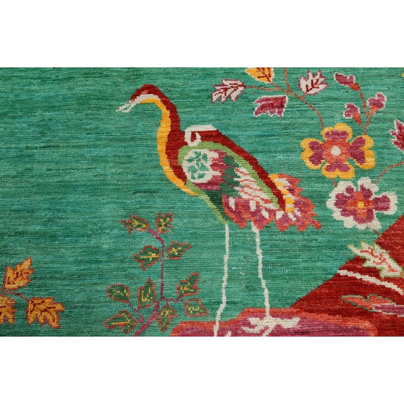 Vegetable Dye Animal Pictorial Art Deco Area Rug Handmade Wool Carpet - 10'3" x 13'7"