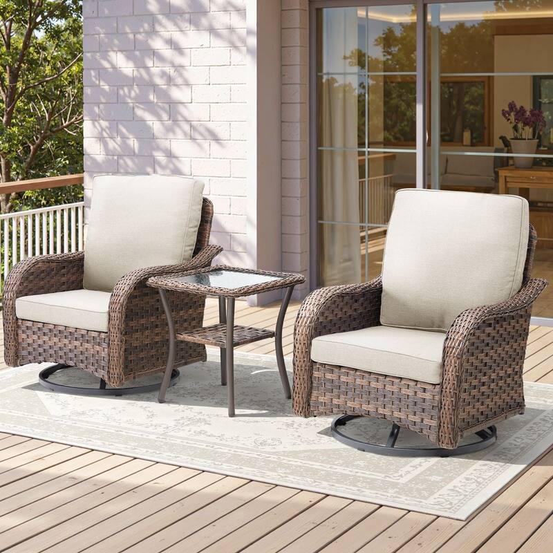 Cavira 3-Piece Brown Wicker Outdoor Patio Swivel Glider Chairs with Side Table - Beige Cushions - Brown Wicker