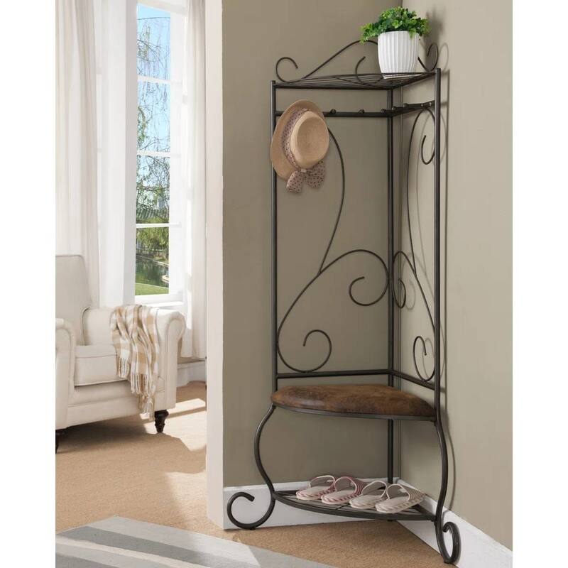 Corner Metal Hall Tree Entryway Coat Rack Upholstered Storage Bench Shoe Rack - 24.75" W x 24.75" D x 70.25" H