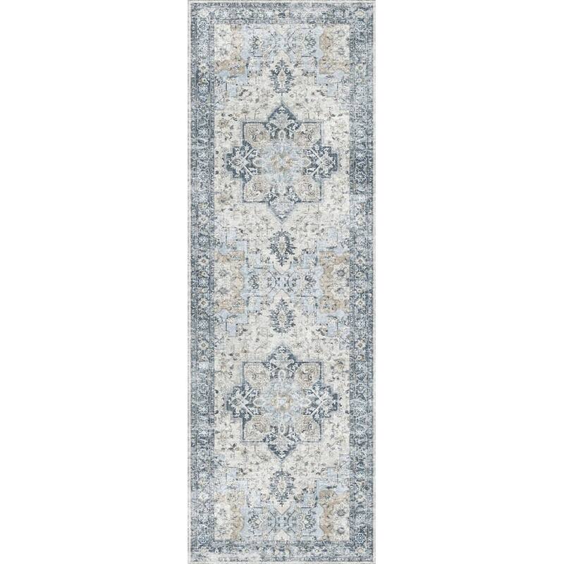 Mcow Neutral Floral Low Pile Machine Washable Non-Slip Area Rug